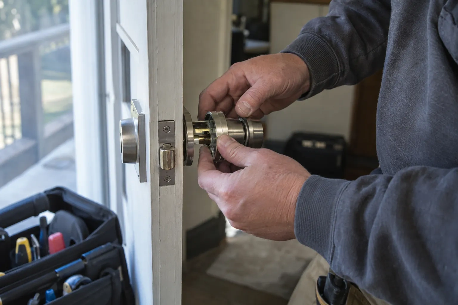 Hands holding a disassembled steel knob at the latch edge of a white door beside a deadbolt and an open tool bag.