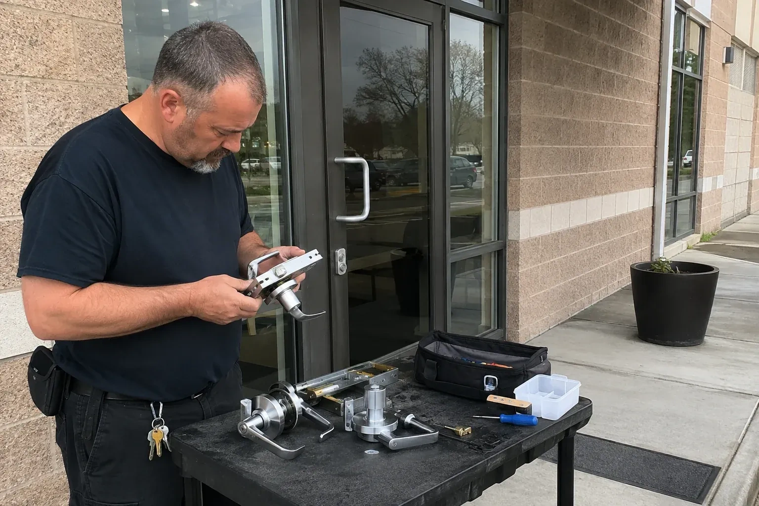 Person holding a door-handle and latch assembly at a worktable outside a glass entrance, with additional handles and tools laid out. — Commercial Rekeying, Brampton