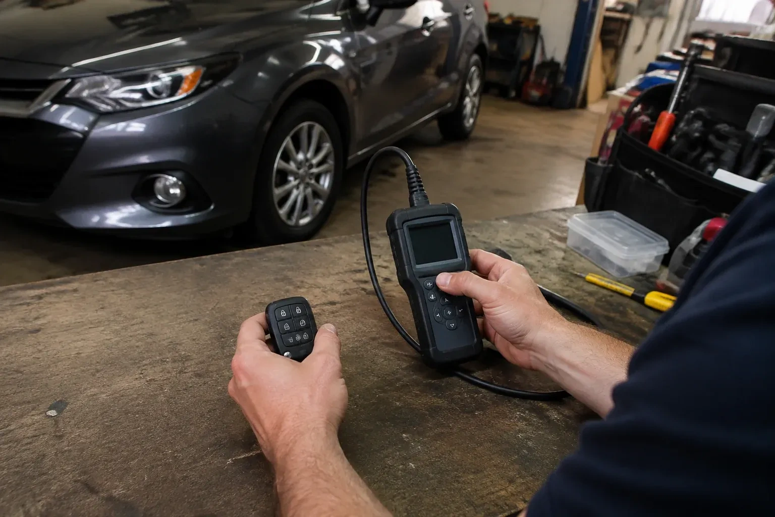Hands holding a car-key fob and a small wired electronic device above a workbench in a garage with a parked car. — Key Fob Programming, Brampton