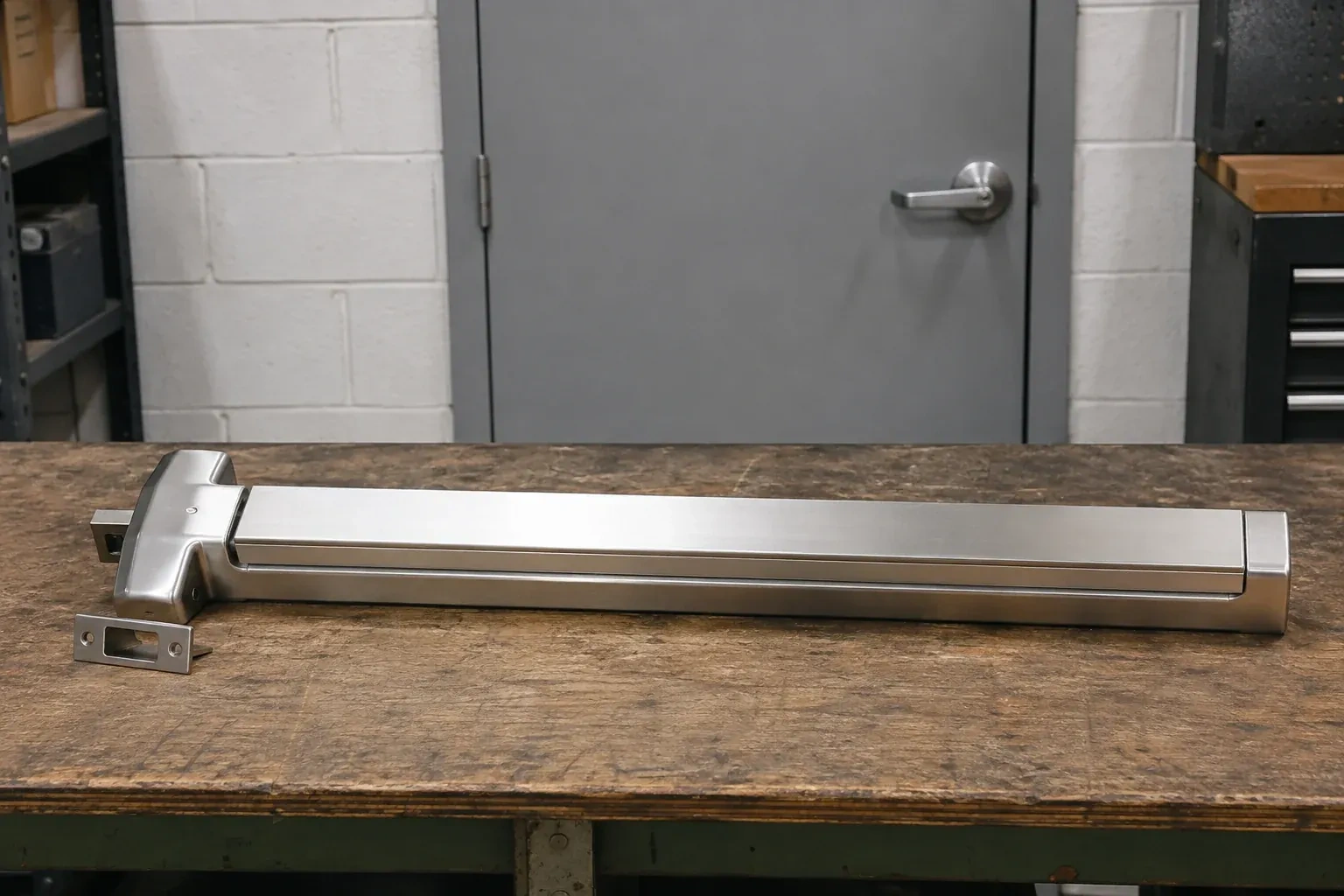 Detached horizontal exit device and separate strike component on a workshop bench. — Panic & Exit Hardware, Brampton