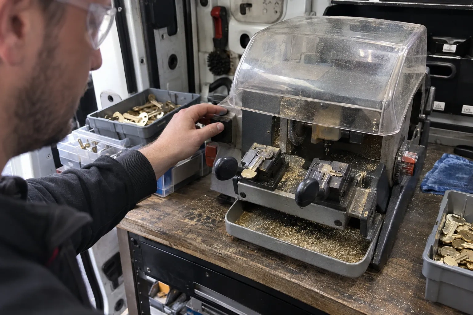 Person in safety glasses reaching for a key-cutting machine with a clear cover, beside trays of brass key blanks. — Spare Car Key Duplication, Brampton