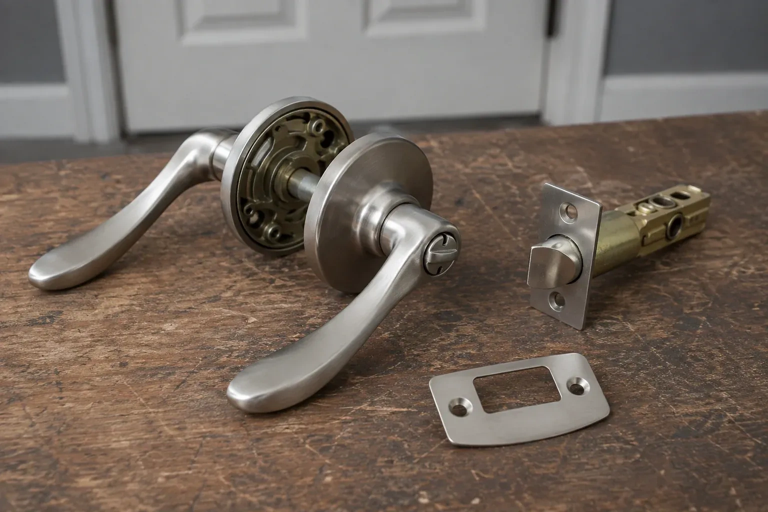 Detached satin-nickel lever hardware, tubular latch and strike plate on a wooden workbench. — Lock Replacement & Upgrade, Brampton