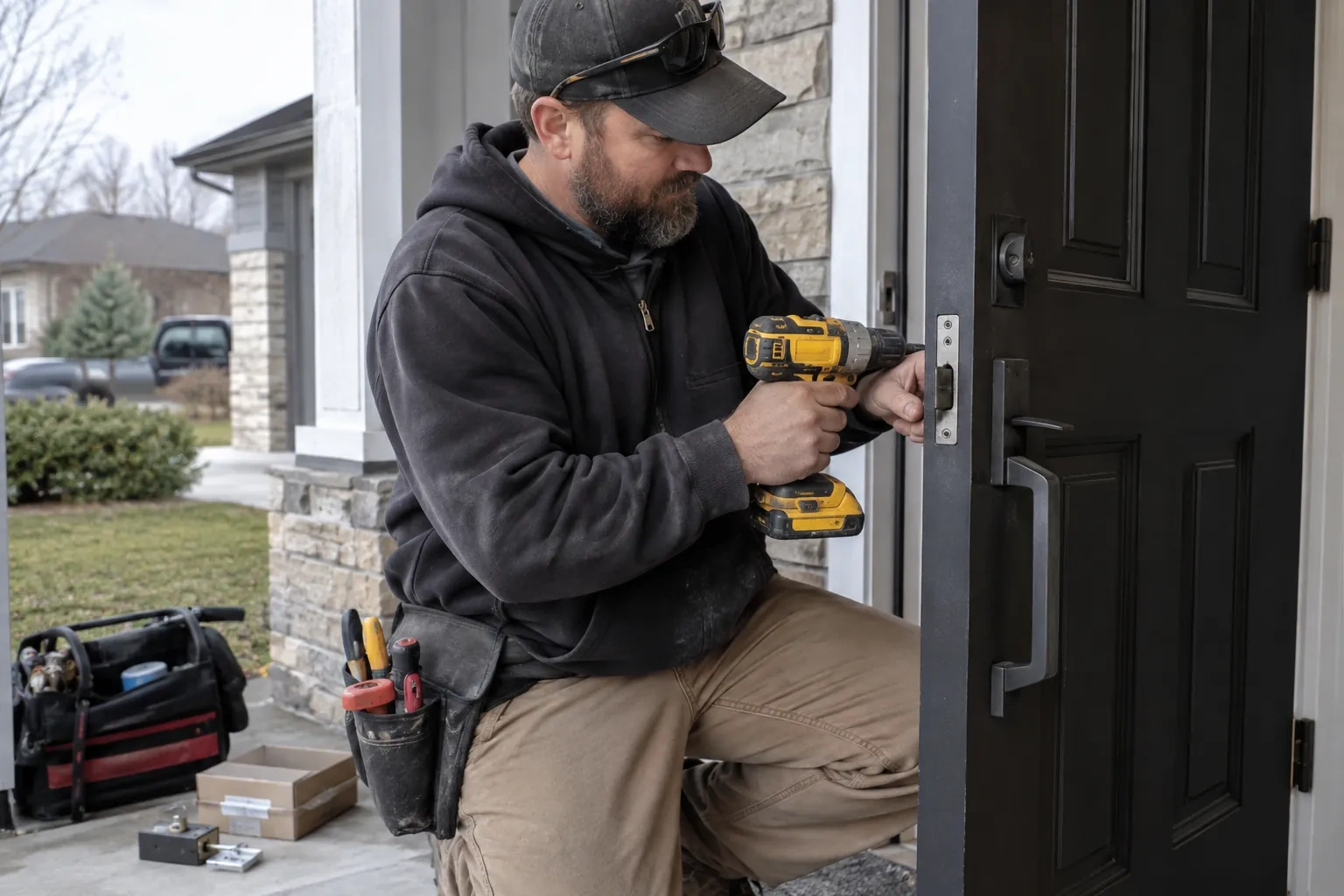 Technician kneeling with a yellow cordless drill at the latch plate of a black door, a tool bag on the porch. — Brampton