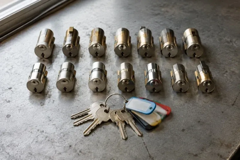 Two rows of lock cylinders on a metal surface with keys and colored key tags in front. — Master Key System Design, Brampton