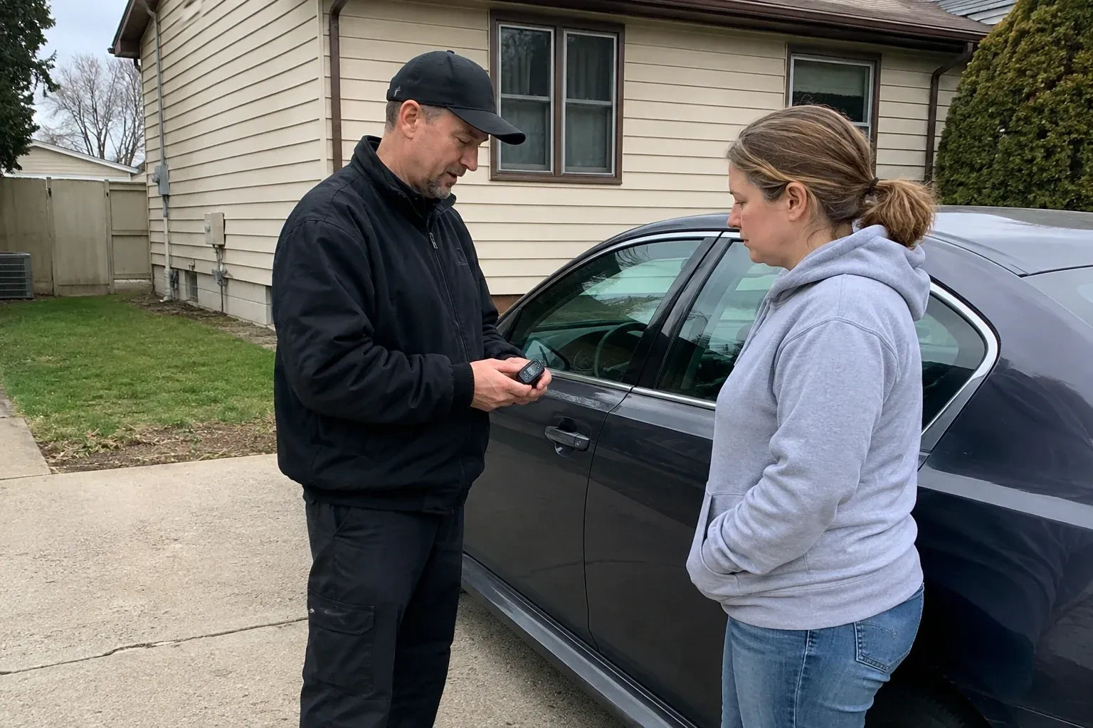 Two people standing beside a parked sedan, one wearing a cap and holding a small black device. — Vehicle Lock Repair, Brampton