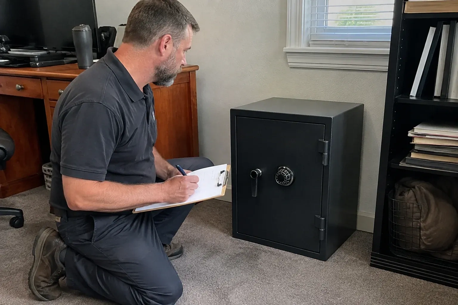 Person writing on a clipboard while kneeling beside a closed black safe with a numbered combination dial in a home office. — Safe Opening & Combination Change, Brampton